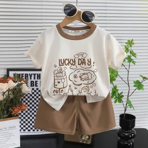 Kids Boys And Girls Casual Summer Printed Short-Sleeve T-Shirt Loose Shorts Two-Piece Set