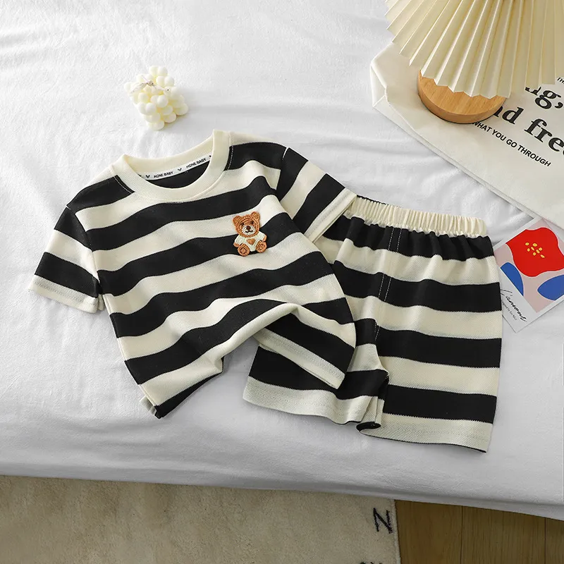 Kids Boys Girls Fashion Summer Stripe Short-Sleeve T-Shirt Loose Shorts Two-Piece Set