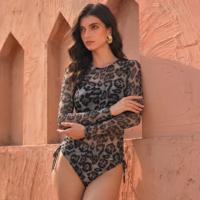 Women Fashion Casual Printed Long-Sleeve Drawstring Lace-Up UPF 35+ Sun Protection Tankini Swimsuit