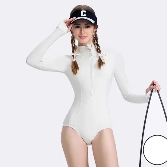 Women Fashion Casual Solid Color Long-Sleeve Quick-Drying UPF 50+ Sun Protection One-Piece Swimsuit