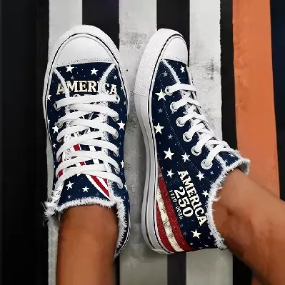 Women Fashion Casual American Flag Printed Flats Canvas Sneakers