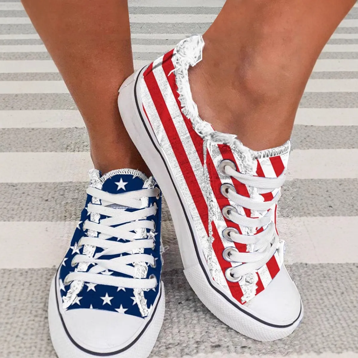 Women's Casual American Flag Printed Flats Canvas Sneakers Plus Size