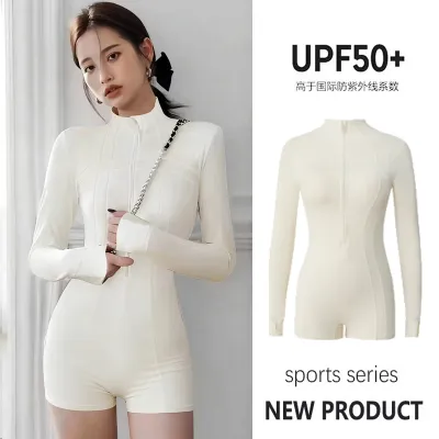 Women Fashion Casual Solid Color High Collar Long Sleeve Quick-Drying UPF 50+ Sun Protection One-Piece Swimsuit