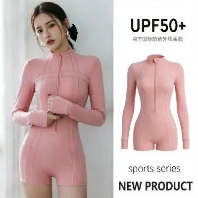 Women Fashion Casual Solid Color High Collar Long Sleeve Quick-Drying UPF 50+ Sun Protection One-Piece Swimsuit