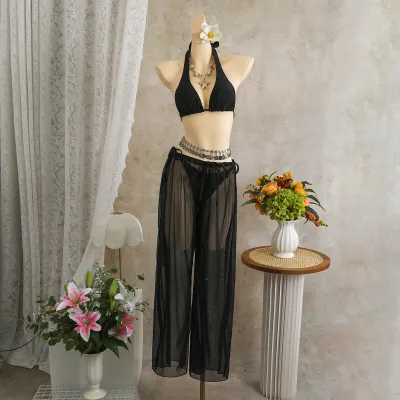 Summer Vacation Women Sexy Bikini And Mesh Cover-Ups Swimsuit Three-Piece Set