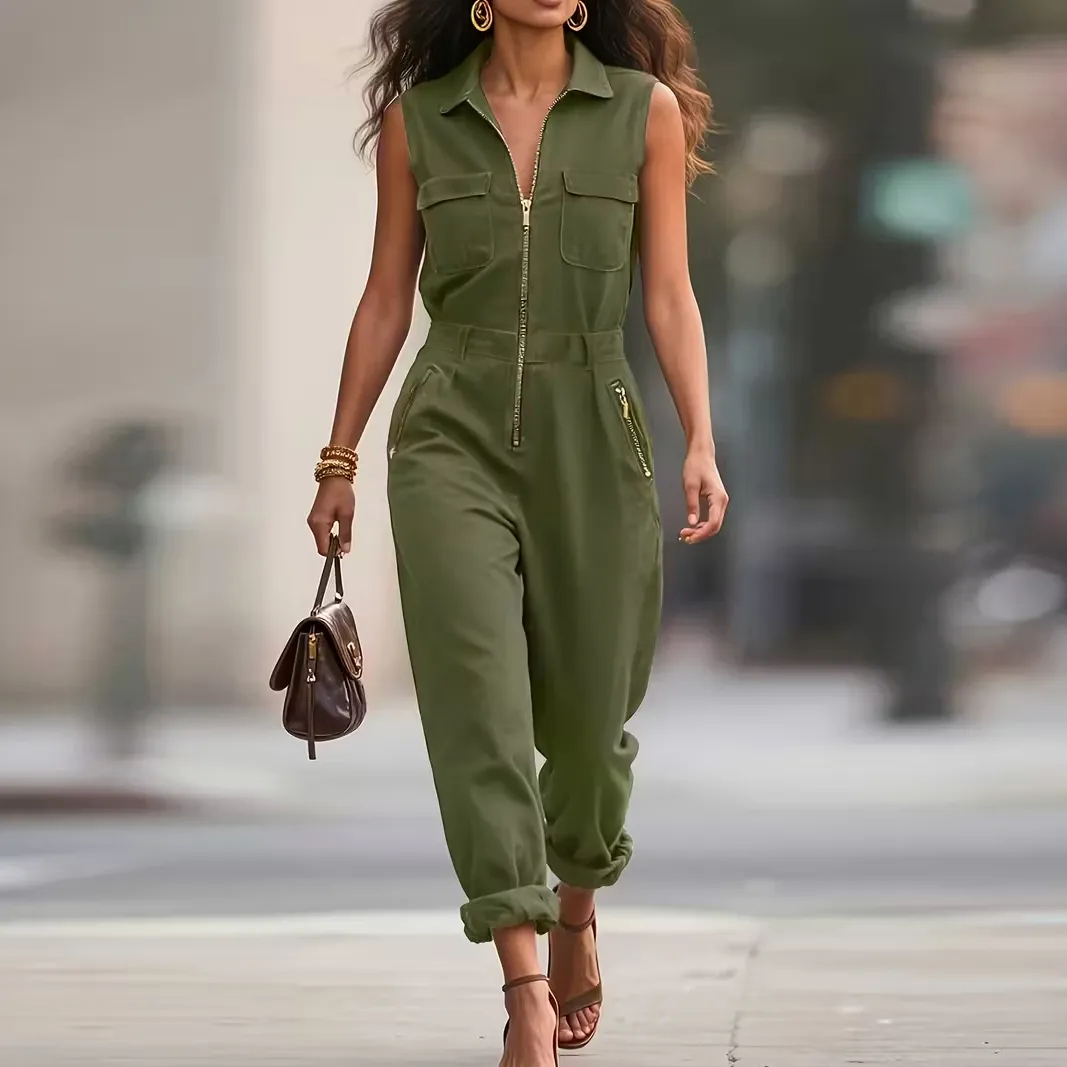 Women Elegant Sleeveless Solid Color Zipper Jumpsuits