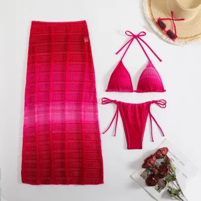 Summer Women Fashion Gradient Bikini And Mesh Cover-Ups Swimsuit Three-Piece Set
