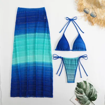 Summer Women Fashion Gradient Bikini And Mesh Cover-Ups Swimsuit Three-Piece Set