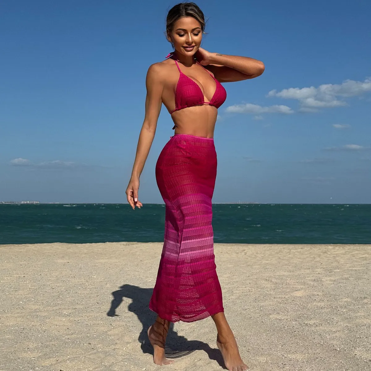 Summer Women Fashion Gradient Bikini And Mesh Cover-Ups Swimsuit Three-Piece Set