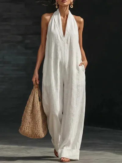 Women'S Casual Solid Color Neck Sleeveless Jumpsuits