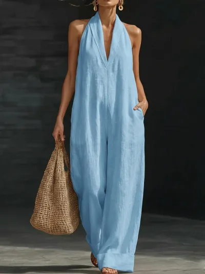 Women'S Casual Solid Color Neck Sleeveless Jumpsuits