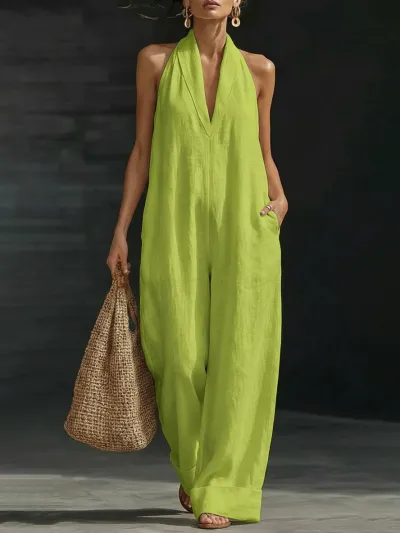 Women'S Casual Solid Color Neck Sleeveless Jumpsuits