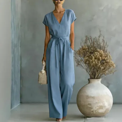 Women Casual Solid Color Short-Sleeve V-Neck Jumpsuits