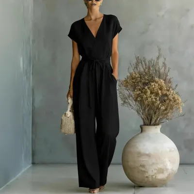 Women Casual Solid Color Short-Sleeve V-Neck Jumpsuits