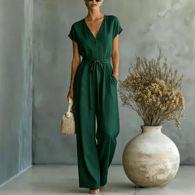 Women Casual Solid Color Short-Sleeve V-Neck Jumpsuits