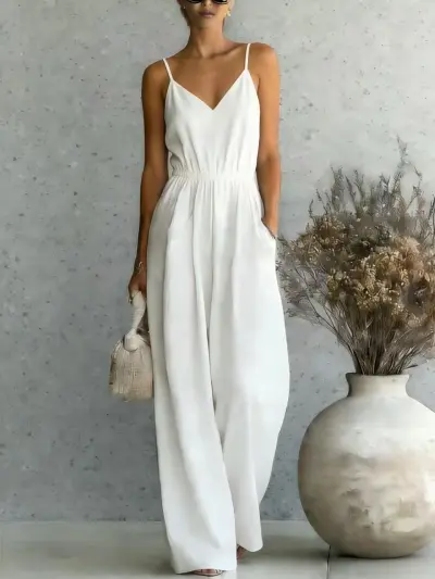 Summer Women Casual Solid Color Sling Wide Leg Jumpsuits