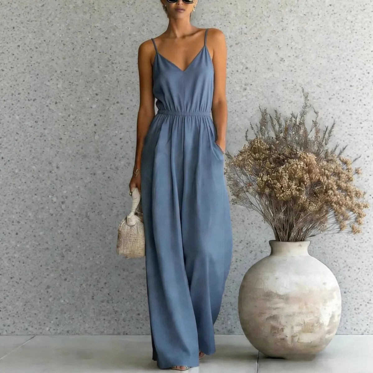 Summer Women Casual Solid Color Sling Wide Leg Jumpsuits