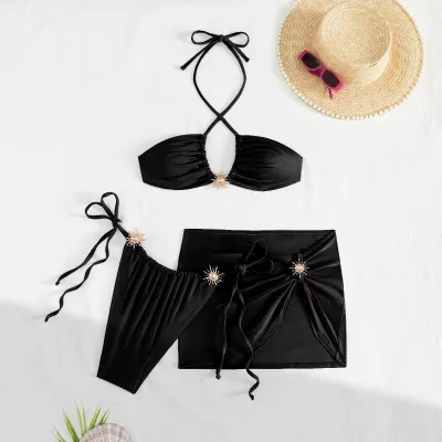 Women Sexy Solid Color Metal Accessories Bikini And Cover-Ups Swimsuit Three-Piece Set