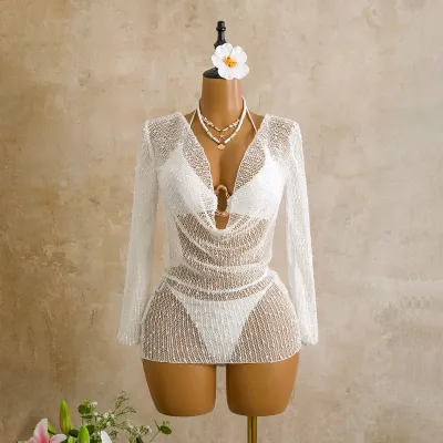 Summer Women'S Sexy Bikini And Sequins Mesh Long Sleeve Cover-Ups Swimsuit Three-Piece Set