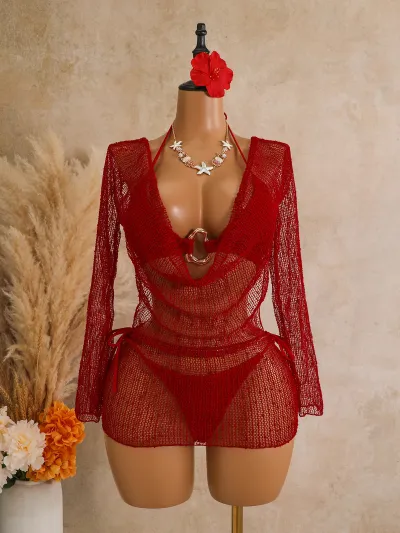 Summer Women'S Sexy Bikini And Sequins Mesh Long Sleeve Cover-Ups Swimsuit Three-Piece Set