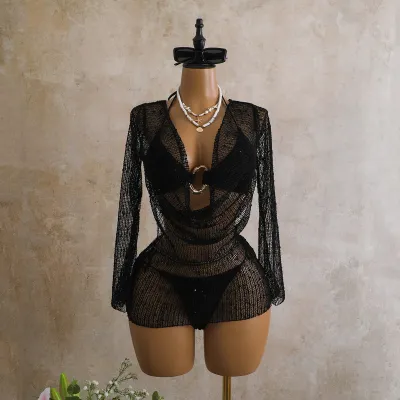 Summer Women'S Sexy Bikini And Sequins Mesh Long Sleeve Cover-Ups Swimsuit Three-Piece Set