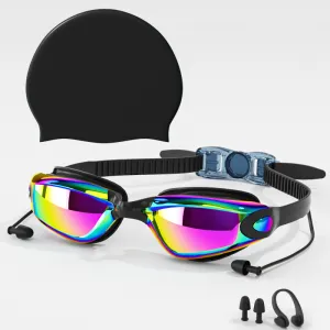 Fashion Hd Waterproof Anti-Fog Electroplated Swimming Goggles Swimming Cap Nose Clip Earplugs Set