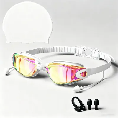 Fashion Hd Waterproof Anti-Fog Electroplated Swimming Goggles Swimming Cap Nose Clip Earplugs Set