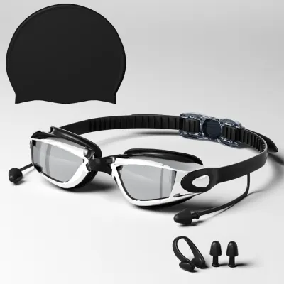 Fashion Hd Waterproof Anti-Fog Electroplated Swimming Goggles Swimming Cap Nose Clip Earplugs Set