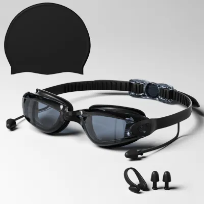 Fashion Hd Waterproof Anti-Fog Electroplated Swimming Goggles Swimming Cap Nose Clip Earplugs Set