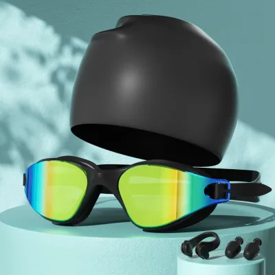 Fashion Waterproof Anti-Fog Silicone Large Frame Swimming Goggles Swimming Cap Nose Clip Earplugs Set