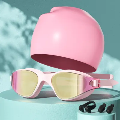 Fashion Waterproof Anti-Fog Silicone Large Frame Swimming Goggles Swimming Cap Nose Clip Earplugs Set