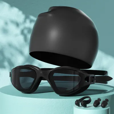 Fashion Waterproof Anti-Fog Silicone Large Frame Swimming Goggles Swimming Cap Nose Clip Earplugs Set
