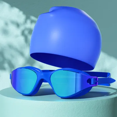 Fashion Waterproof Anti-Fog Silicone Large Frame Swimming Goggles Swimming Cap Set