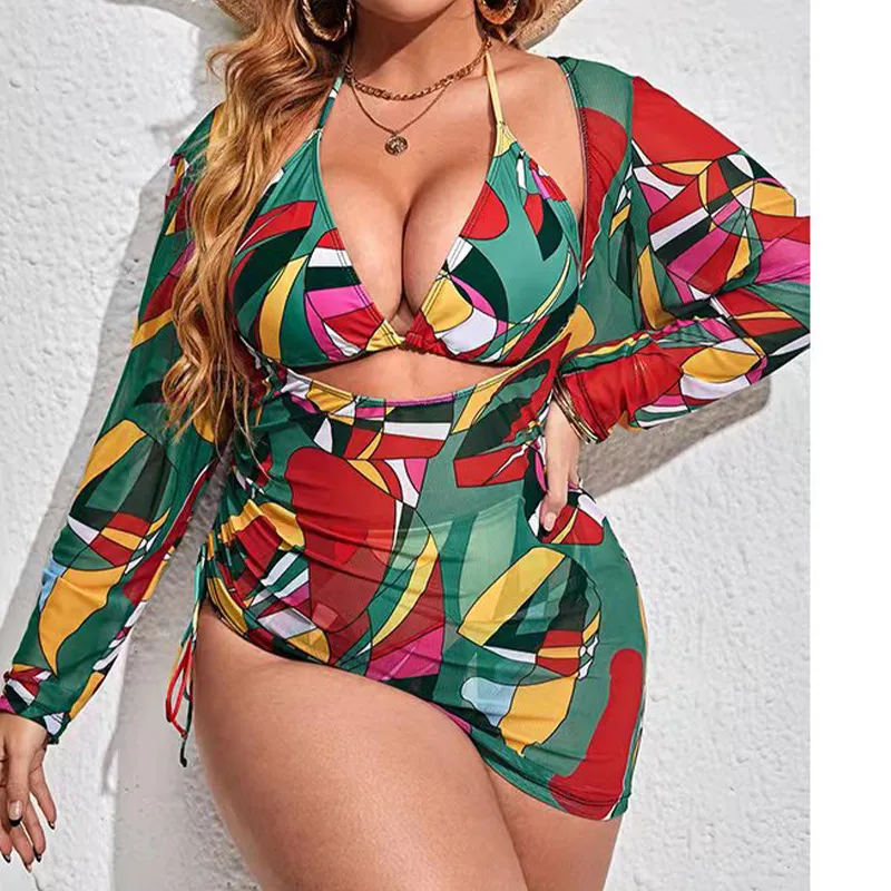 Women Plus Size Multicolor Print Bikini And Cover-Ups Swimsuit Three-Piece Set