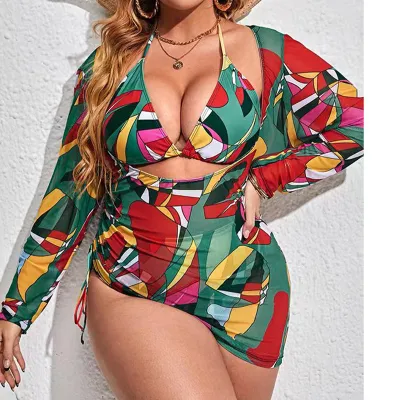 Women Plus Size Multicolor Print Bikini And Cover-Ups Swimsuit Three-Piece Set