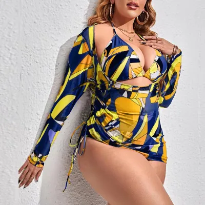 Women Plus Size Multicolor Print Bikini And Cover-Ups Swimsuit Three-Piece Set