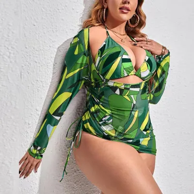 Women Plus Size Multicolor Print Bikini And Cover-Ups Swimsuit Three-Piece Set