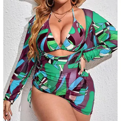 Women Plus Size Multicolor Print Bikini And Cover-Ups Swimsuit Three-Piece Set