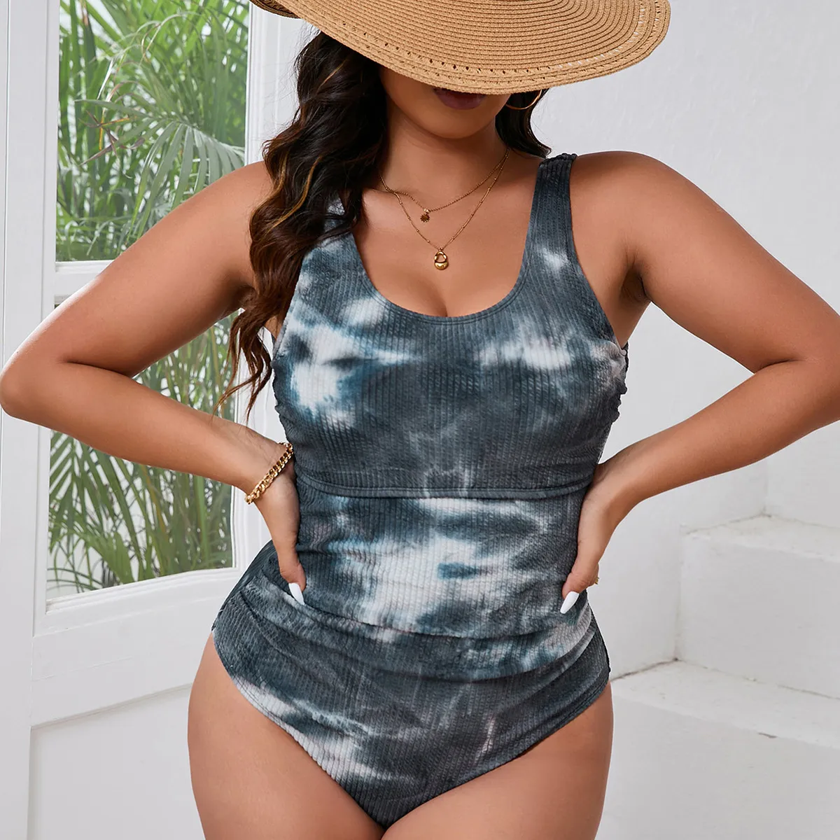 Women Plus Size Fashion Tie-Dye Print One-Piece Swimsuit