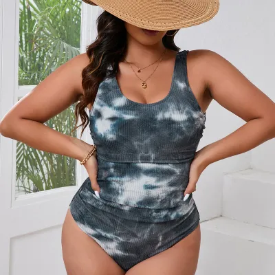 Women Plus Size Fashion Tie-Dye Print One-Piece Swimsuit