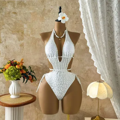 Women Sexy Leopard Lace-Up Hollow One-Piece Swimsuit