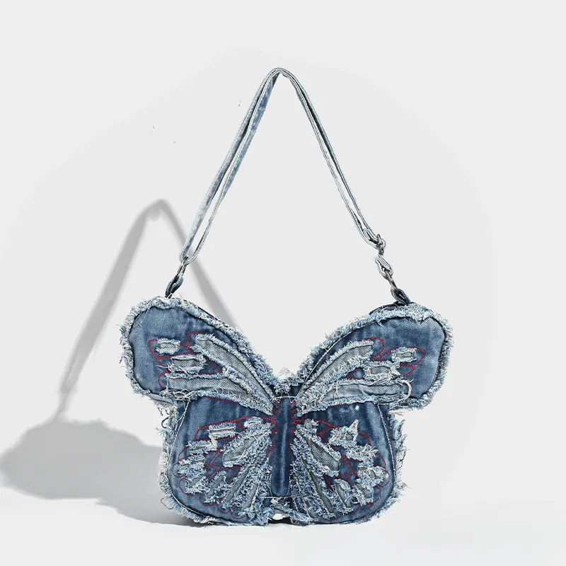 Women Fashion Creative Washed Denim Butterfly Shaped Backpack