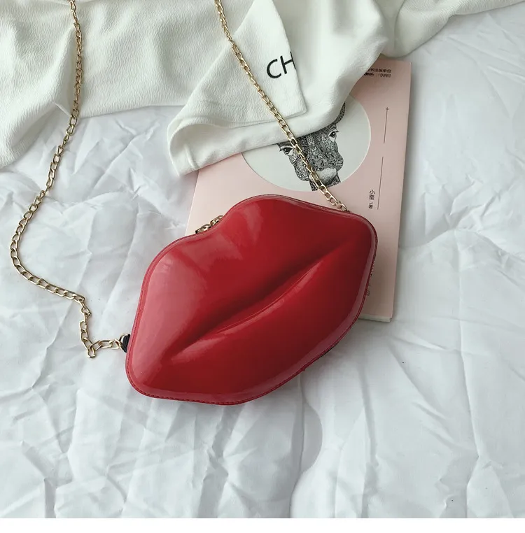 Women Fashion Creative Solid Color Lip-Shaped Chain PU Crossbody Bag