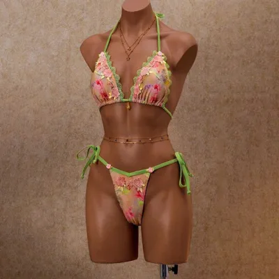 Women Fashion Sexy Floral Lace Halter-Neck Lace-Up Bikini Swimsuit