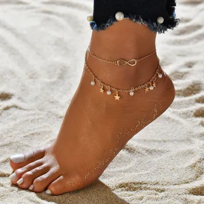 Beach Fashion Tassel Stars Imitation Pearl Double Anklet