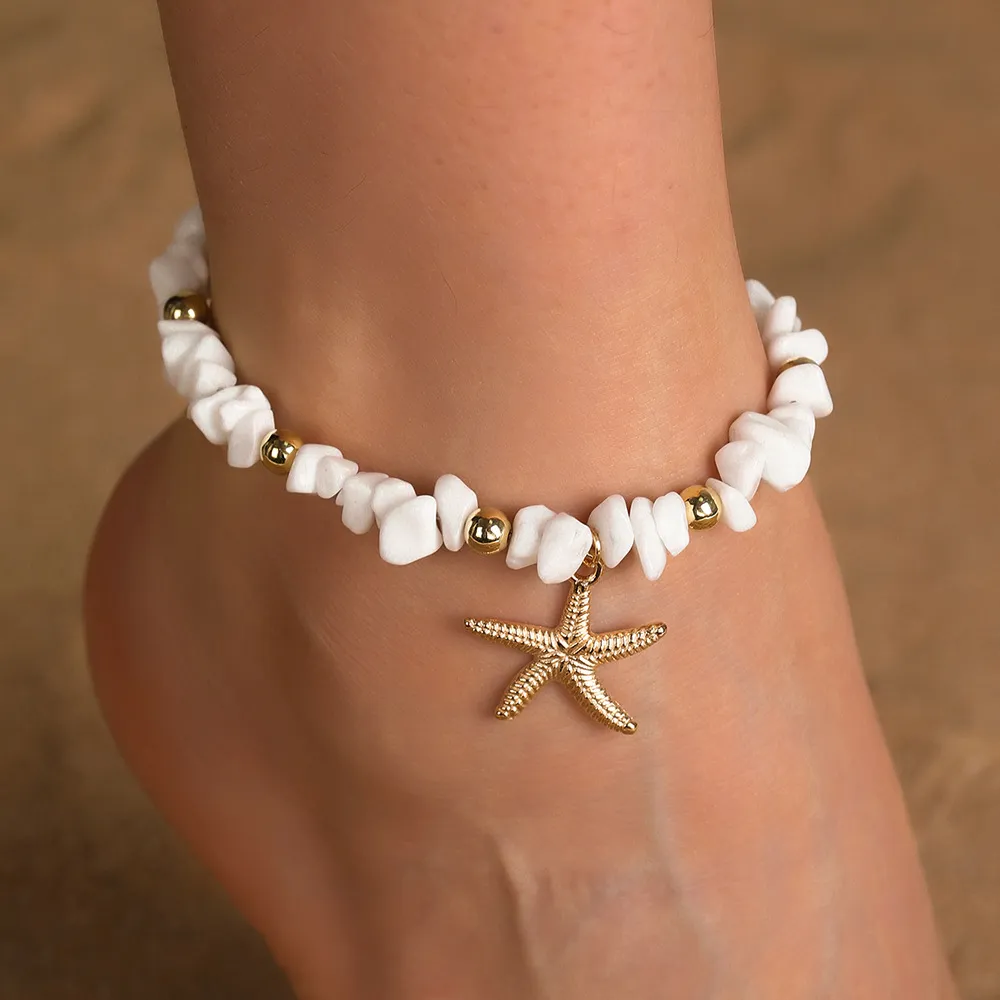 Beach Shell Starfish Irregular White Gravel Beaded Anklet
