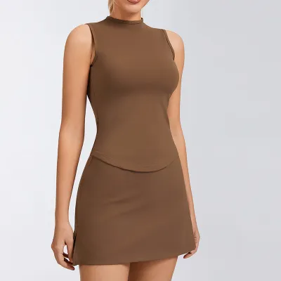 Women Fashion Casual Summer Solid Color Sleeveless Tank Top High Waist Skirt Sports Tennis Two-Piece Set