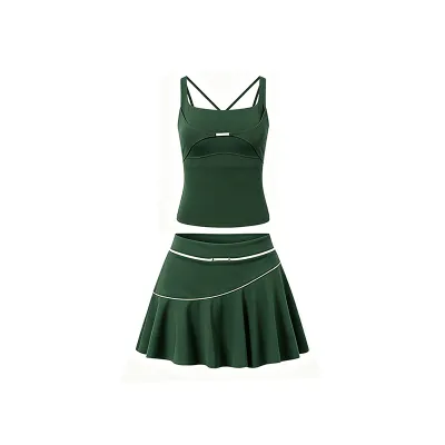 Women Fashion Casual Summer Square Collar With Chest Pad Tank Top Pleated Skirts Sports Tennis Two-Piece Set