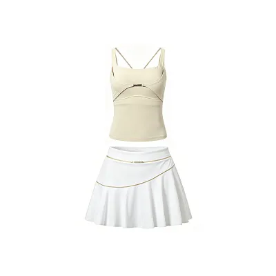 Women Fashion Casual Summer Square Collar With Chest Pad Tank Top Pleated Skirts Sports Tennis Two-Piece Set