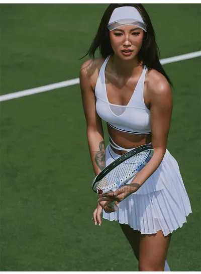 Women Fashion Casual Color Block Backless Bra Ruffled Skirts Sports Tennis Two-Piece Set